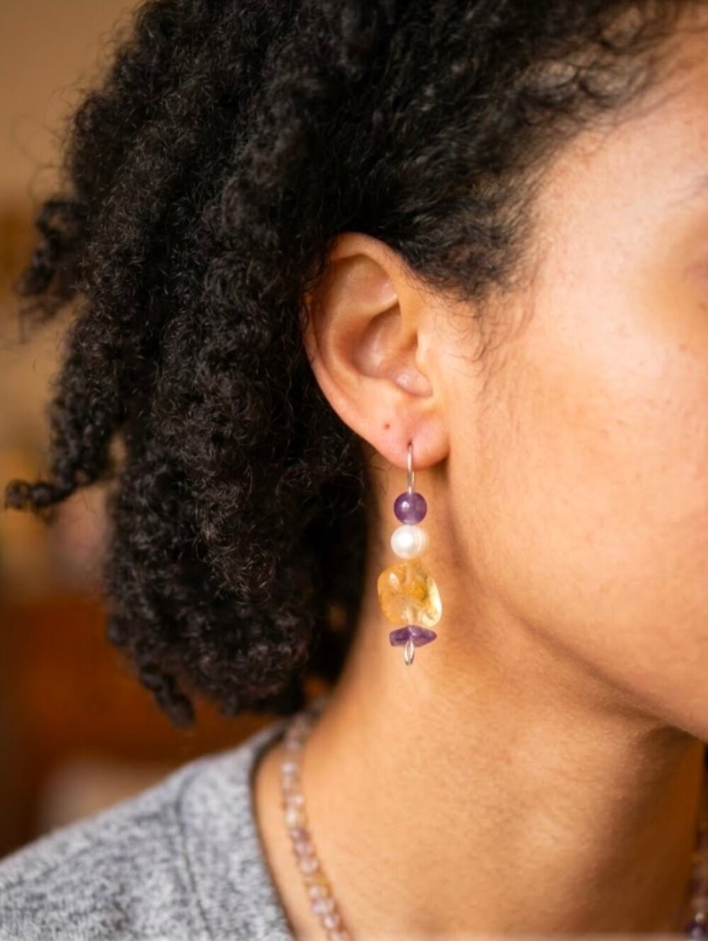 Handmade Amethyst, Citrine, Freshwater Pearl Gemstone Bead Drop Earrings